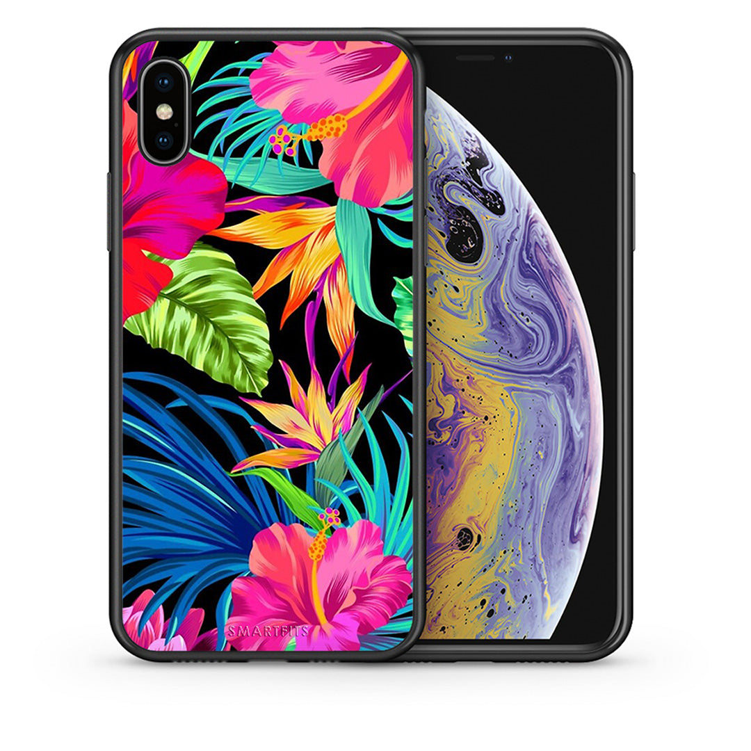 Θήκη iPhone Xs Max Tropical Flowers από τη Smartfits με σχέδιο στο πίσω μέρος και μαύρο περίβλημα | iPhone Xs Max Tropical Flowers case with colorful back and black bezels