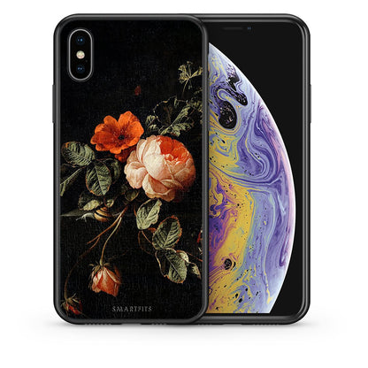 Θήκη iPhone X/Xs Vintage Roses από τη Smartfits με σχέδιο στο πίσω μέρος και μαύρο περίβλημα | iPhone X/Xs Vintage Roses case with colorful back and black bezels