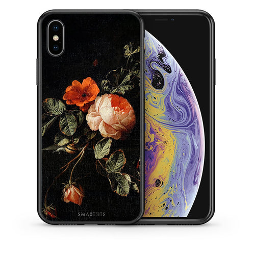 Θήκη iPhone X/Xs Vintage Roses από τη Smartfits με σχέδιο στο πίσω μέρος και μαύρο περίβλημα | iPhone X/Xs Vintage Roses case with colorful back and black bezels