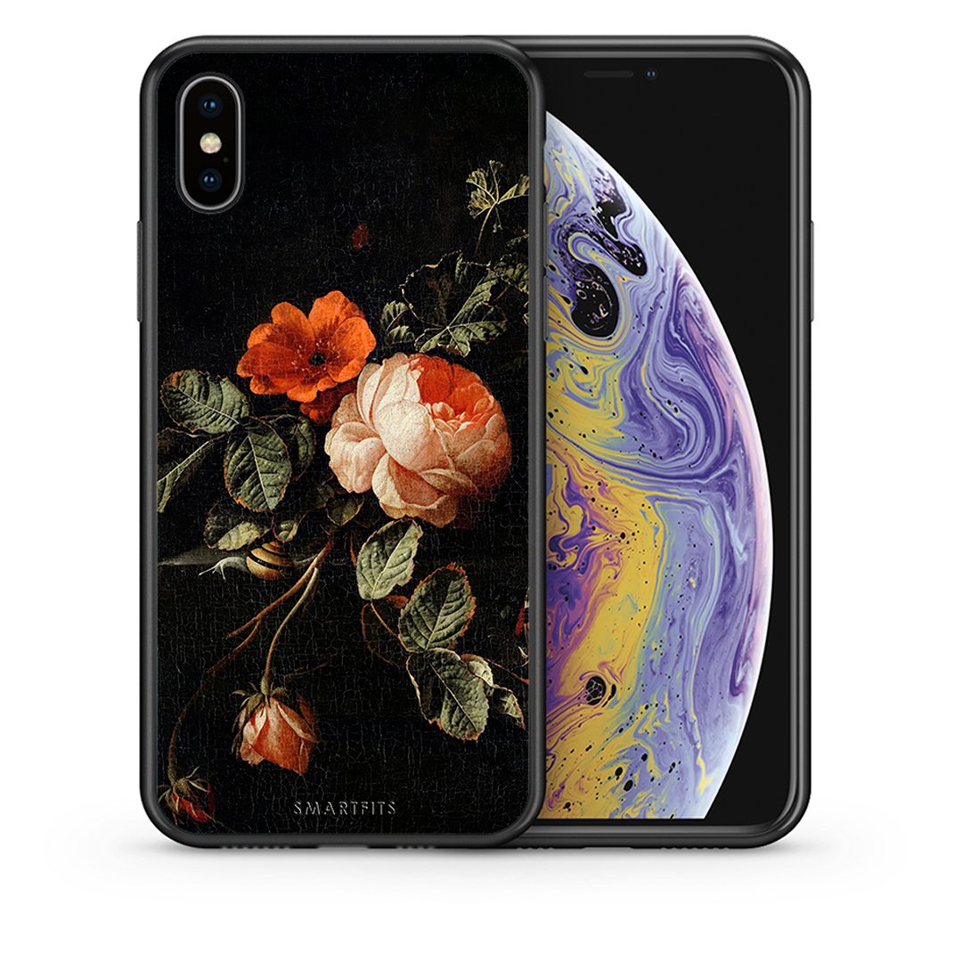 Θήκη iPhone X/Xs Vintage Roses από τη Smartfits με σχέδιο στο πίσω μέρος και μαύρο περίβλημα | iPhone X/Xs Vintage Roses case with colorful back and black bezels