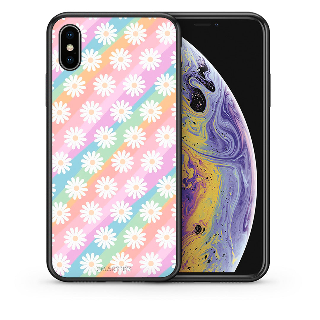 Θήκη iPhone X/Xs White Daisies από τη Smartfits με σχέδιο στο πίσω μέρος και μαύρο περίβλημα | iPhone X/Xs White Daisies case with colorful back and black bezels