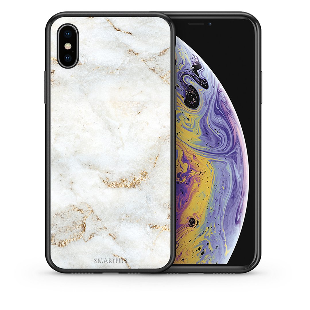 Θήκη iPhone Xs Max White Gold Marble από τη Smartfits με σχέδιο στο πίσω μέρος και μαύρο περίβλημα | iPhone Xs Max White Gold Marble case with colorful back and black bezels