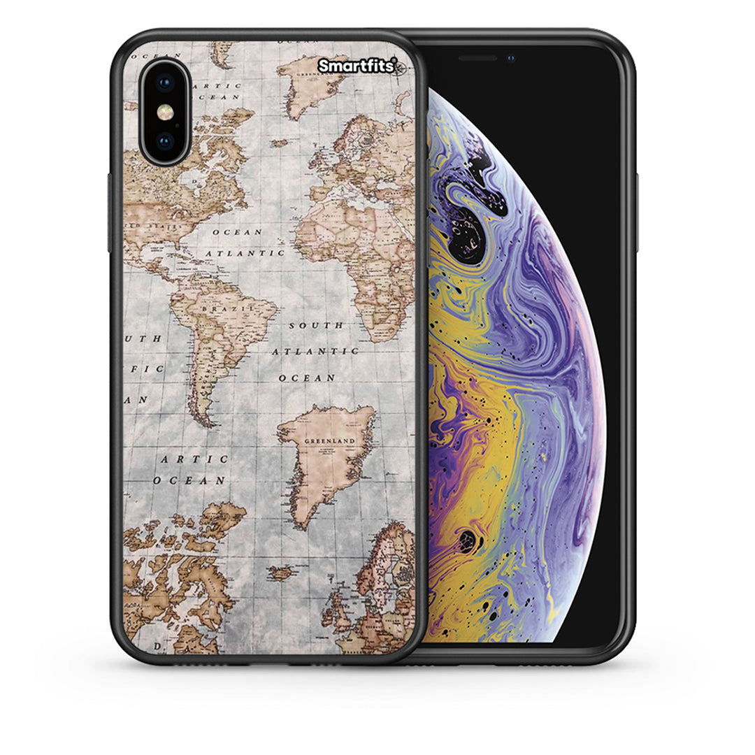 Θήκη iPhone X / Xs World Map από τη Smartfits με σχέδιο στο πίσω μέρος και μαύρο περίβλημα | iPhone X / Xs World Map case with colorful back and black bezels