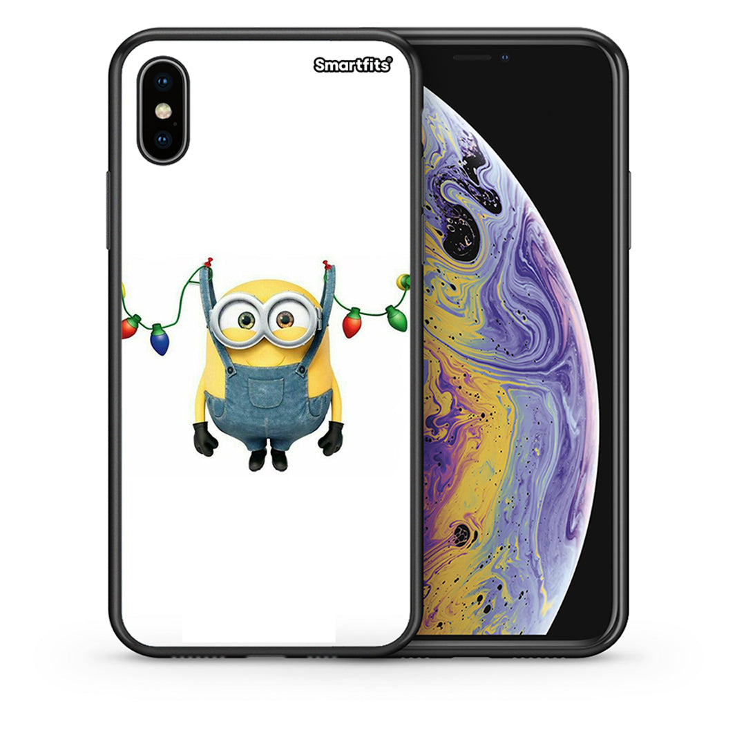 Θήκη iPhone X/Xs Xmas Minion Lights από τη Smartfits με σχέδιο στο πίσω μέρος και μαύρο περίβλημα | iPhone X/Xs Xmas Minion Lights case with colorful back and black bezels