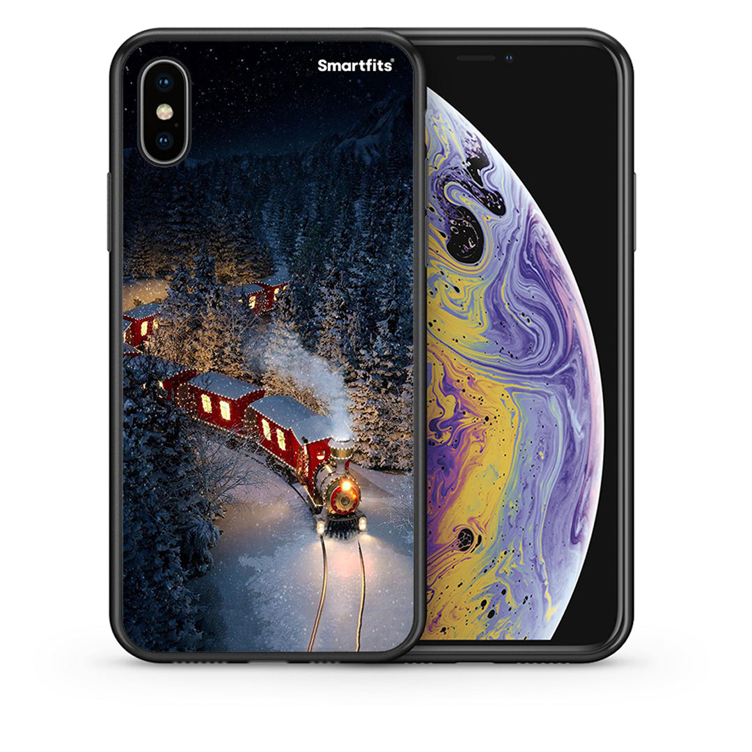 Θήκη iPhone X/Xs Xmas Train από τη Smartfits με σχέδιο στο πίσω μέρος και μαύρο περίβλημα | iPhone X/Xs Xmas Train case with colorful back and black bezels