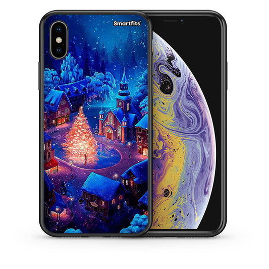 Θήκη iPhone Xs Max Xmas Village από τη Smartfits με σχέδιο στο πίσω μέρος και μαύρο περίβλημα | iPhone Xs Max Xmas Village case with colorful back and black bezels