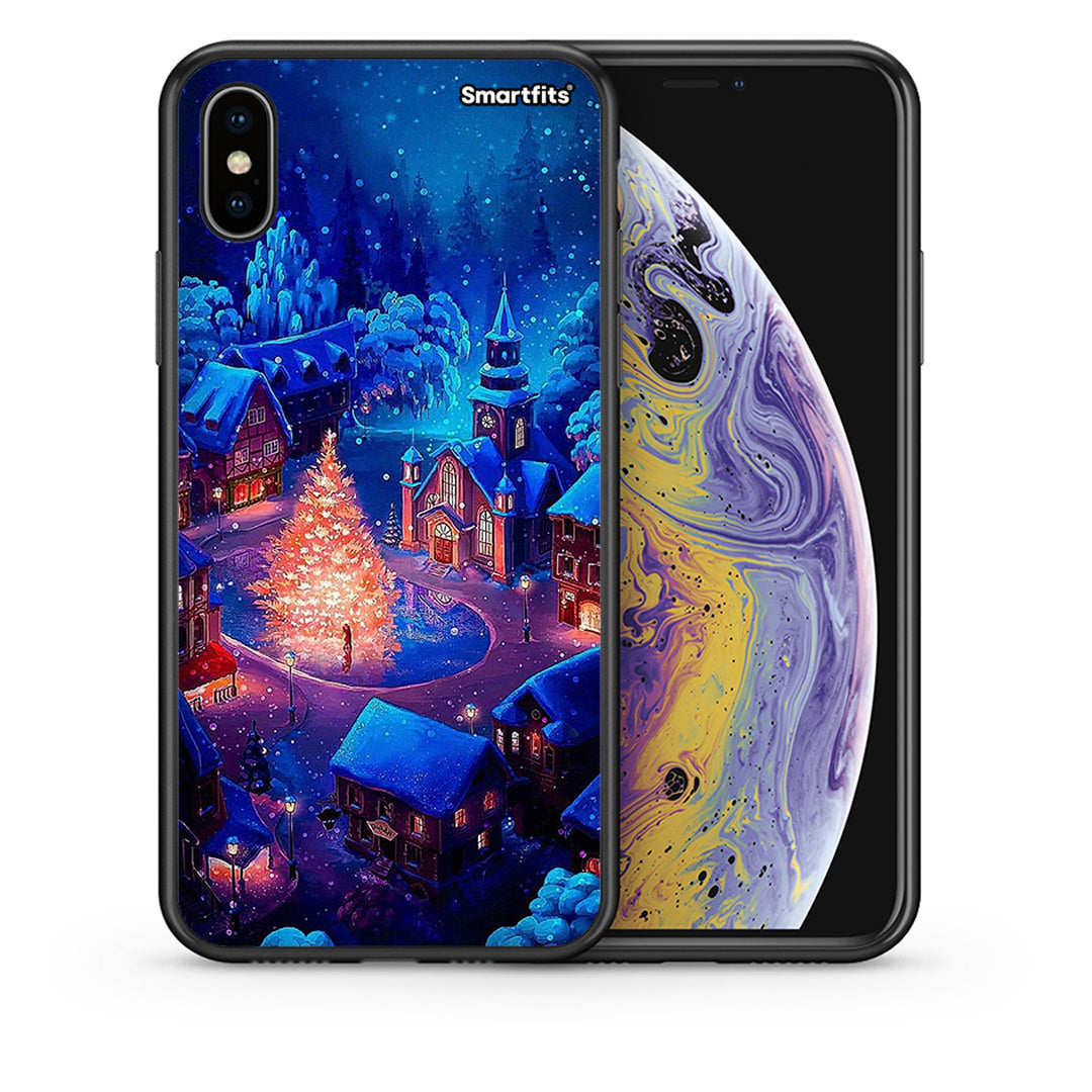 Θήκη iPhone X/Xs Xmas Village από τη Smartfits με σχέδιο στο πίσω μέρος και μαύρο περίβλημα | iPhone X/Xs Xmas Village case with colorful back and black bezels